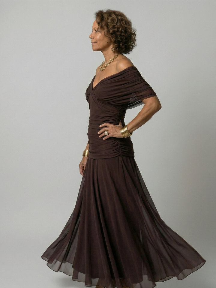 Damska Sukienka Midi z Odkrytymi Ramionami z Drapowaniem Lato