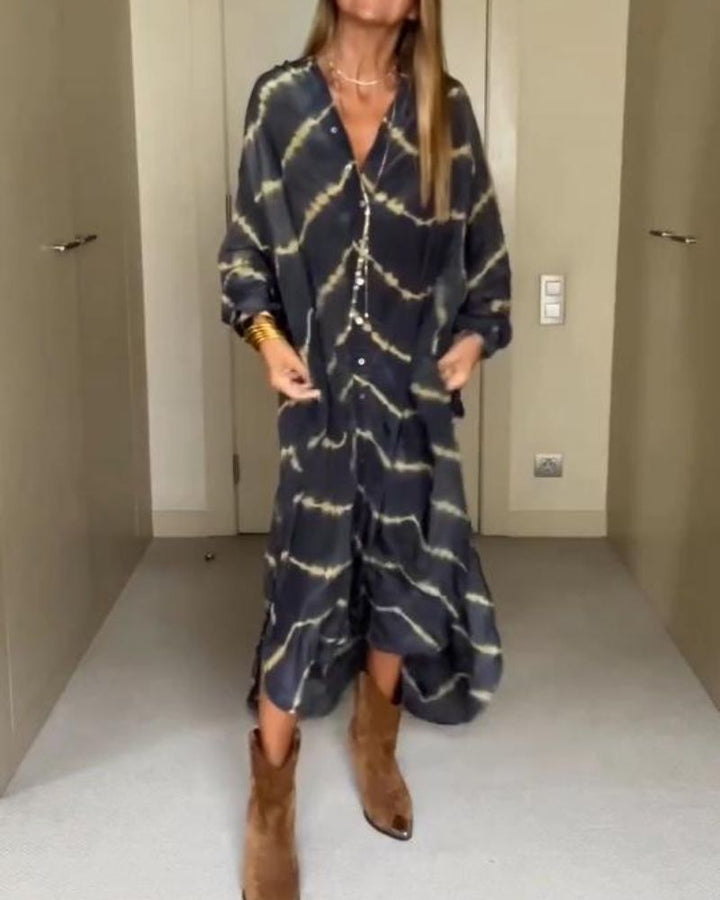 Żywia – Długa boho sukienka w paski z dekoltem w kształcie V