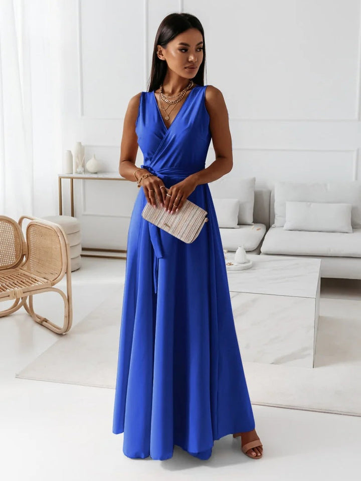 Damska Sukienka Maxi Elegancka Wiązana Talia Wesele