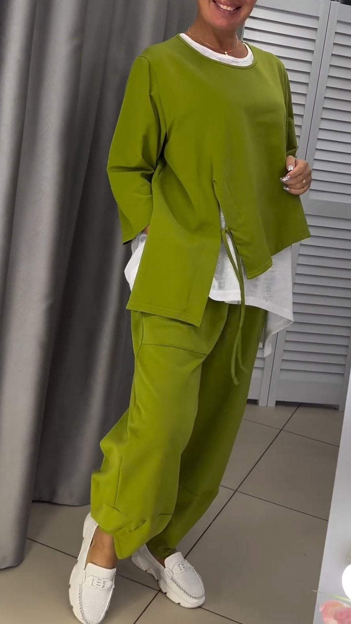 Livia - Kobiecy komplet bluzki i spodni z okrągłym dekoltem